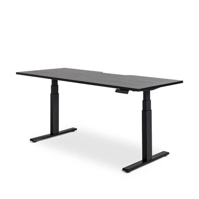 Enhance-electric height-adjustable desk: Sleek design. USB charging port. Retractable black steel frame. Black top.