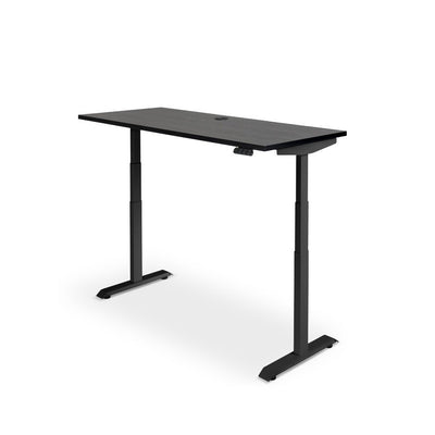 Rise electric height-adjustable standing desk with USB charging port. Sleek design, black frame and black woodgrain top.