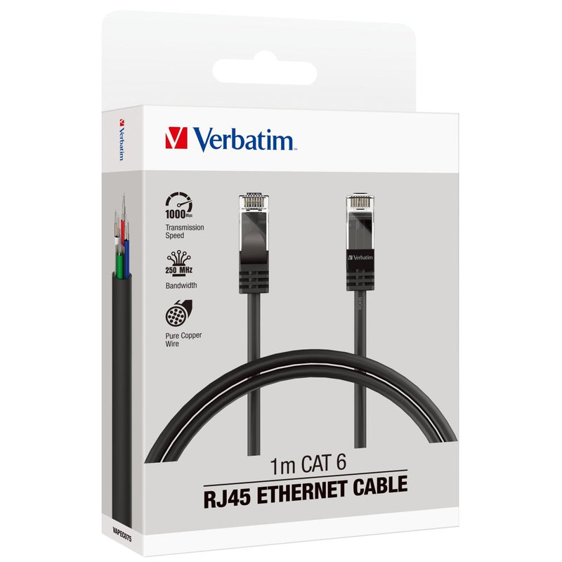 Verbatim Essentials Ethernet Cable CAT 6 1m Black - Home Office Space NZ