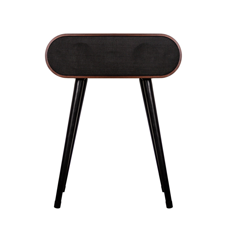 Home Office Space NZ's MySound Jazz Speaker Side-Table features an oval design with a wooden frame, black front grille, and four black legs. It seamlessly merges style and function while offering wireless device charging for added convenience.