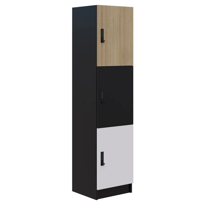 The Mascot Lockers by Home Office Space NZ is a tall, customizable cabinet with three stacked compartments in wood, black, and white doors—all featuring black handles and secure combination locks.