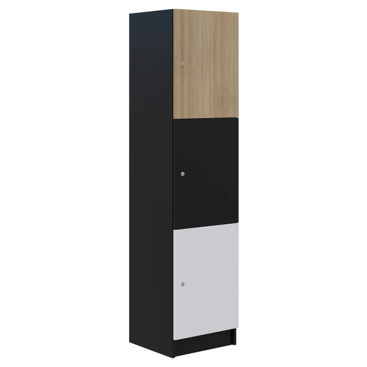 The Mascot Lockers by Home Office Space NZ feature a tall, rectangular customizable storage cabinet with three doors in wood grain, black, and light gray, each with secure lockers for added peace of mind. Displayed against a white background.