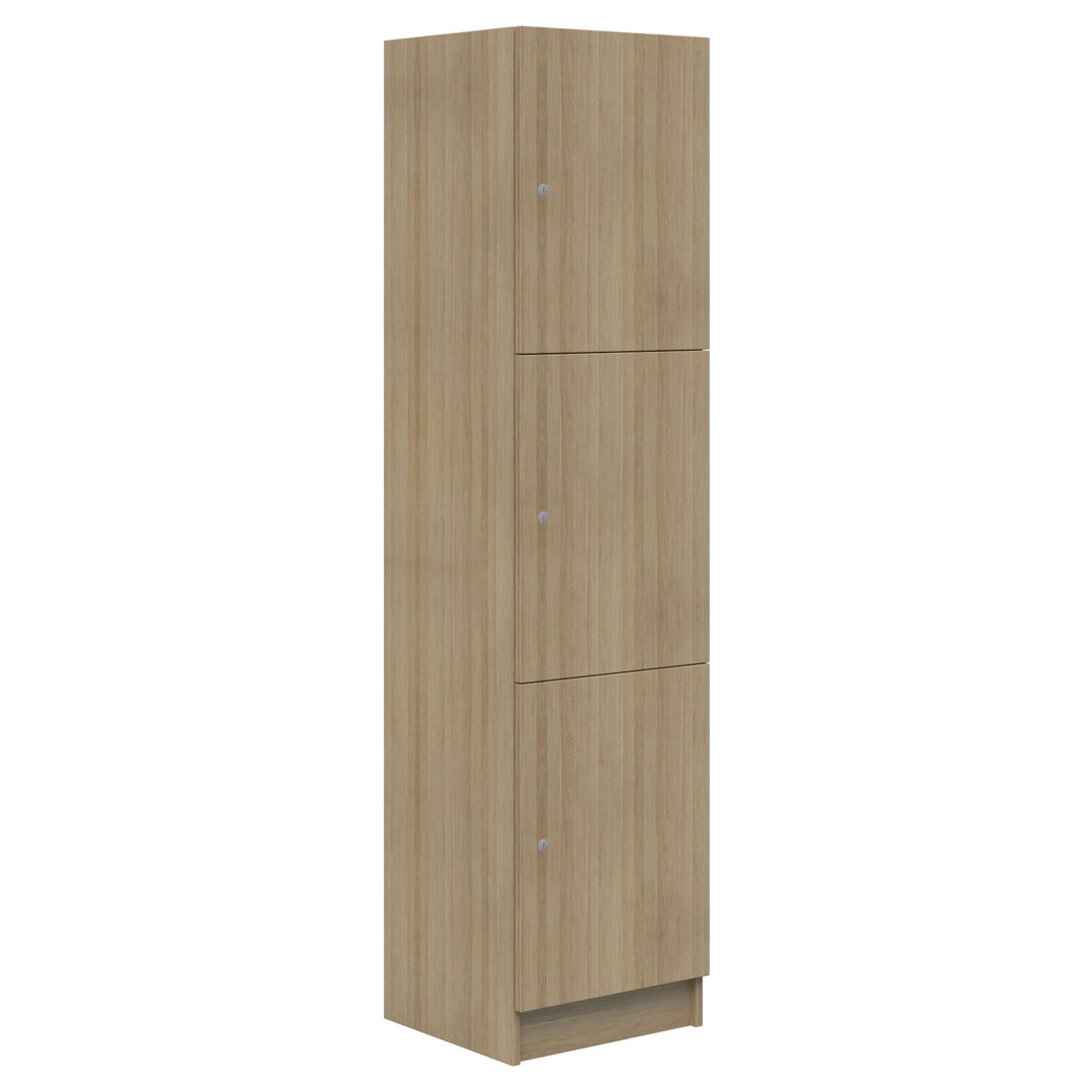 The Mascot Lockers by Home Office Space NZ are tall, rectangular wooden storage cabinets with a light finish and three vertical doors with round metal handles, offering a customizable solution for organized, efficient spaces.