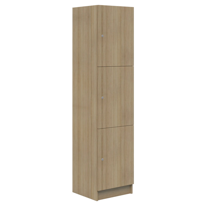 The Mascot Lockers by Home Office Space NZ are tall, rectangular wooden storage cabinets with a light finish and three vertical doors with round metal handles, offering a customizable solution for organized, efficient spaces.