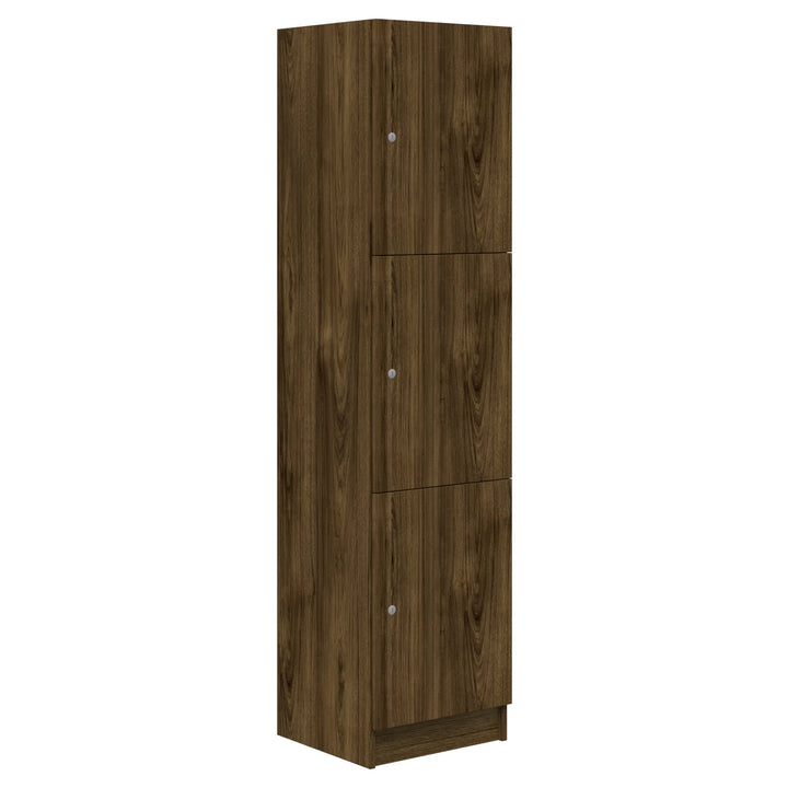 The Mascot Lockers from Home Office Space NZ are tall, rectangular wooden cabinets with a dark brown woodgrain finish, featuring three vertical doors with round silver handles for customizable storage.