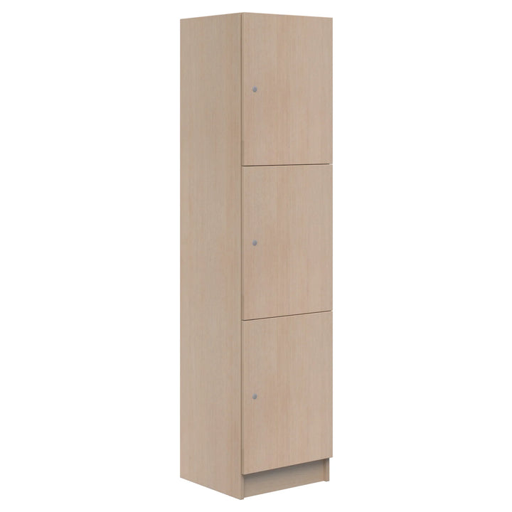 The Mascot Lockers by Home Office Space NZ are tall, rectangular wooden lockers with a light finish, featuring three secure compartments with individual doors and small round metal handles for flexible storage.