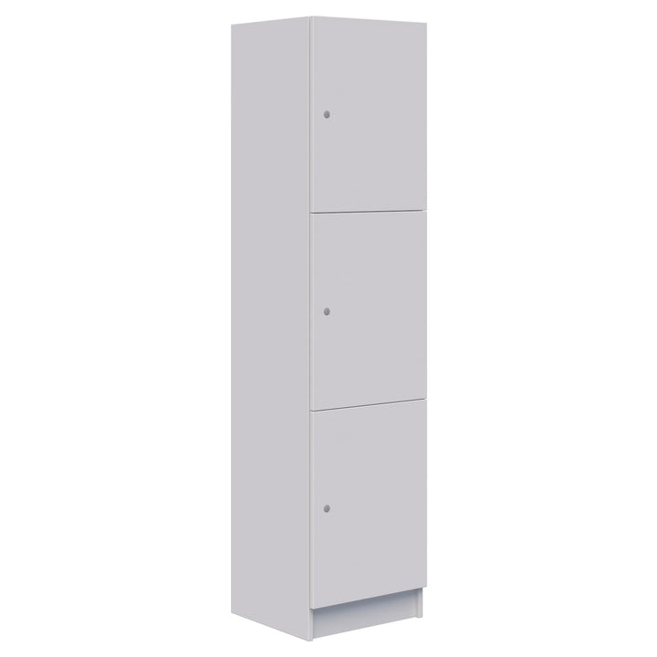 The Mascot Lockers by Home Office Space NZ feature a tall, gray metal design with three lockable compartments, minimalist styling, and a flat base; available in multiple customizable varieties.