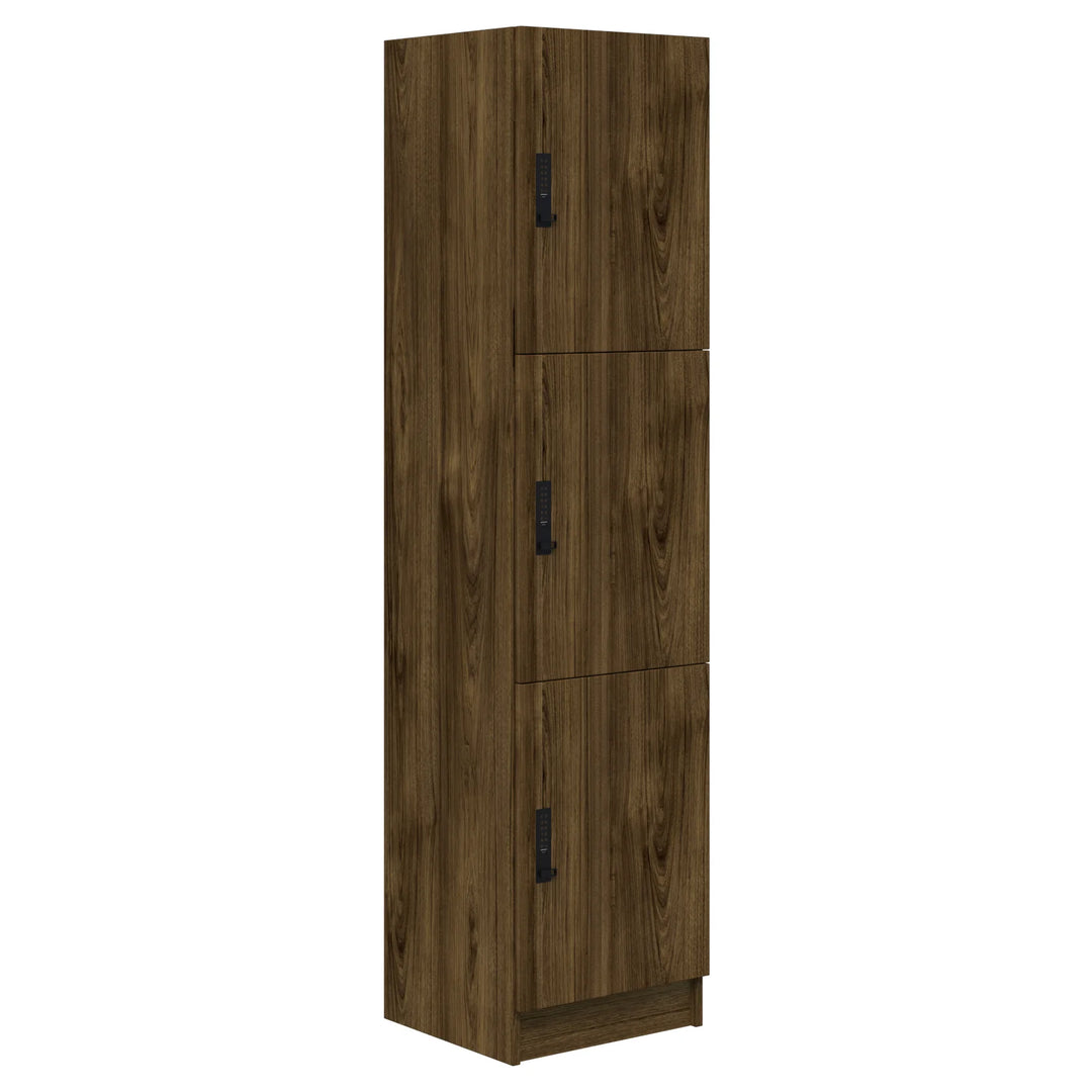 The Home Office Space NZ Mascot Lockers offer customizable storage with a tall, narrow dark brown wood grain finish and three vertically stacked doors, each featuring a black handle—perfect for use as secure lockers.