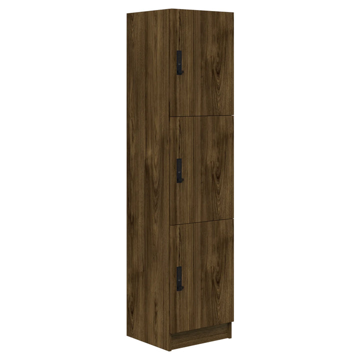 The Home Office Space NZ Mascot Lockers offer customizable storage with a tall, narrow dark brown wood grain finish and three vertically stacked doors, each featuring a black handle—perfect for use as secure lockers.