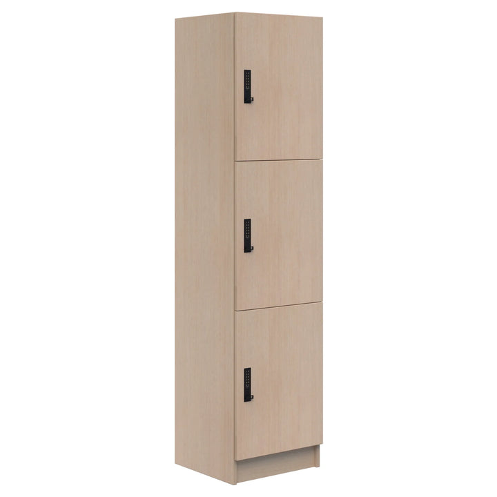 The Mascot Lockers by Home Office Space NZ are tall, light wood units with three compartments, each featuring a black combination lock handle on the right for secure, customizable storage of personal belongings.