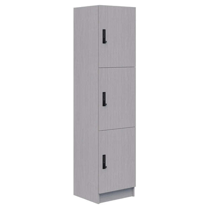 The Mascot Locker by Home Office Space NZ is a tall, rectangular, light gray unit with three stacked compartments, each with a black handle and combination lock. It provides secure modern storage and stands on a compact base for organized offices.