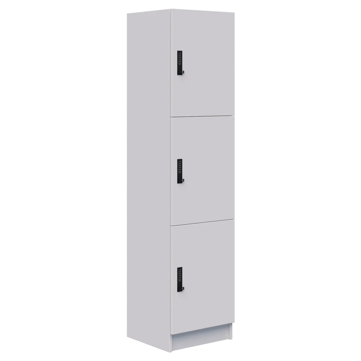The Mascot Lockers by Home Office Space NZ feature a tall, gray metal unit with three stacked compartments, each with a black handle and built-in combination lock—perfect for secure and customizable storage in any space.