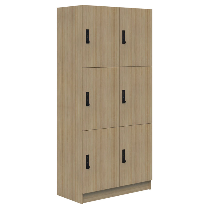 The Mascot Lockers by Home Office Space NZ feature six compartments, each with a black combination lock handle. Their light wood finish and rectangular shape make them ideal for secure storage in offices, gyms, or schools.