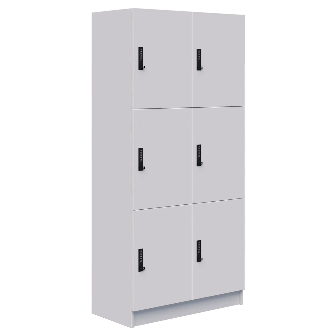 The Mascot Lockers by Home Office Space NZ feature a tall white unit with six compartments (2 columns x 3 rows), each with a black combination lock handle, providing secure and customizable storage for diverse spaces.