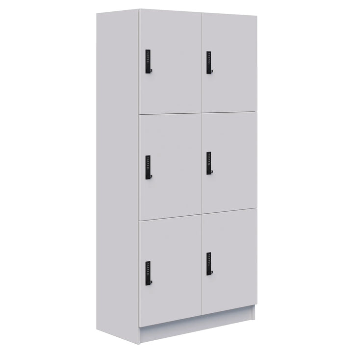 The Mascot Lockers by Home Office Space NZ feature a tall white unit with six compartments (2 columns x 3 rows), each with a black combination lock handle, providing secure and customizable storage for diverse spaces.