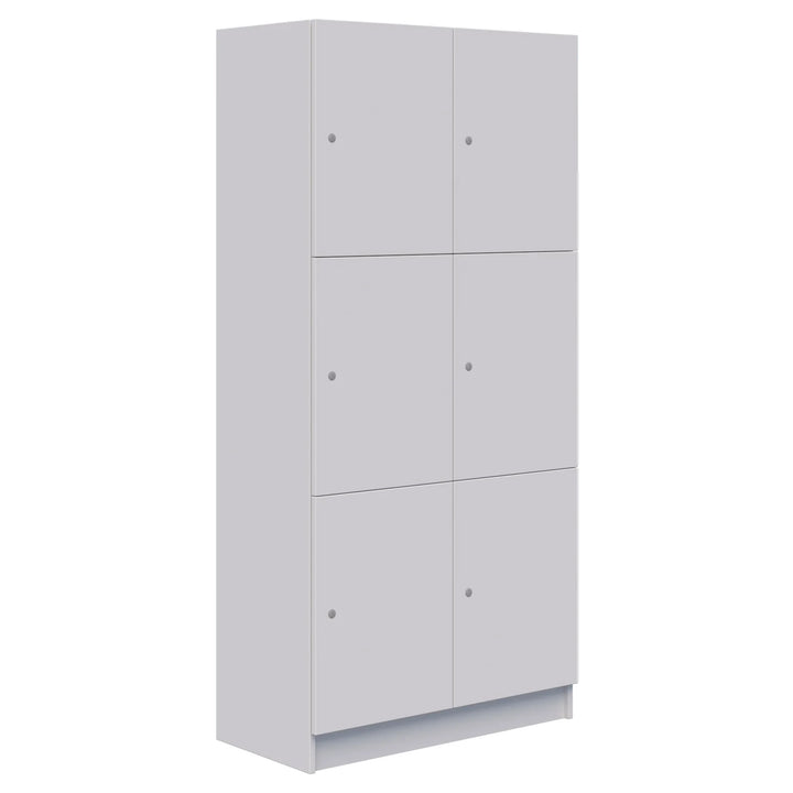 The Mascot Lockers by Home Office Space NZ is a tall, rectangular, light gray cabinet with six compartments in two columns and three rows, each featuring a round lock for secure storage.