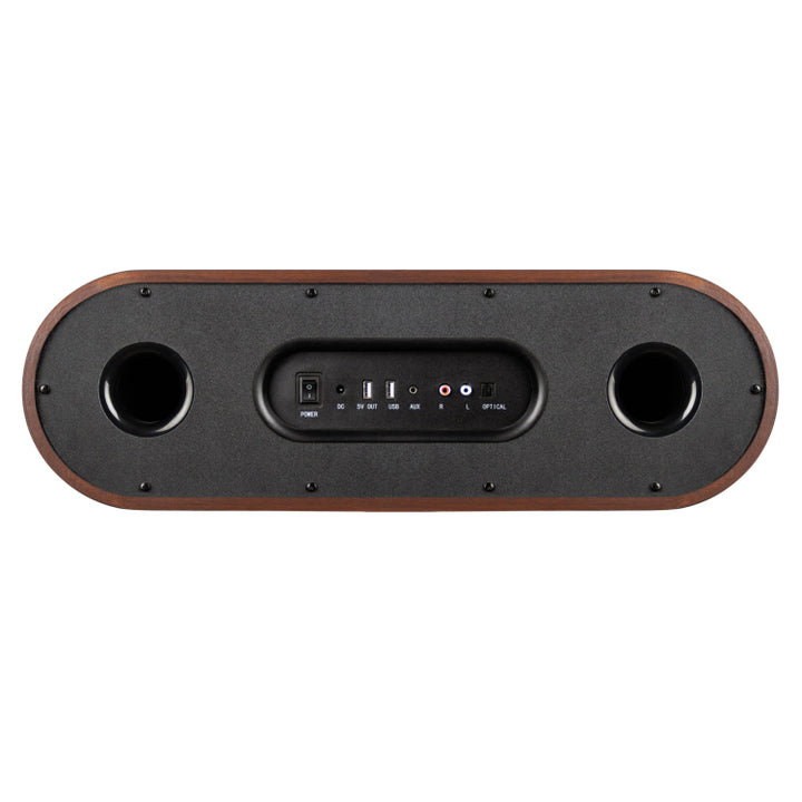 The rear view of the MySound Jazz Speaker Side-Table by Home Office Space NZ showcases various ports and inputs, including power, USB, DC 19V, Aux, AV, and Optical. It features a black central panel with two circular openings on each end.