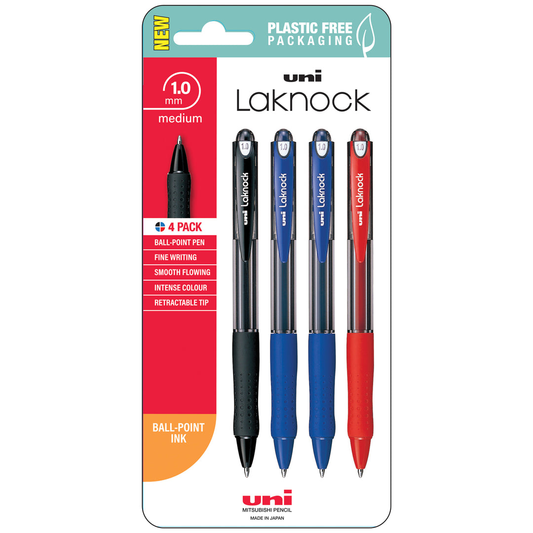 The Laknock 1.0mm Fine Pens from Home Office Space NZ come in a plastic-free pack of four, featuring one black, one red, and two blue pens. They offer smooth ink flow, an ergonomic soft rubber grip, and a retractable tip for convenience.