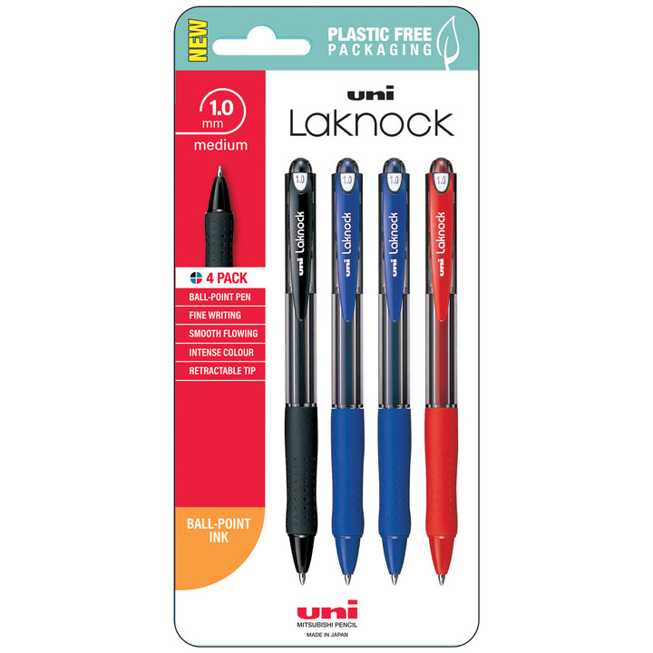 The Laknock 1.0mm Fine Pens from Home Office Space NZ come in a plastic-free pack of four, featuring one black, one red, and two blue pens. They offer smooth ink flow, an ergonomic soft rubber grip, and a retractable tip for convenience.