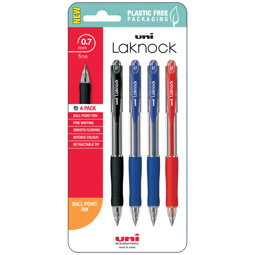The packaging of the Home Office Space NZ Laknock 0.7mm Fine Pens (4 Pack) includes black, blue, and red retractable pens featuring an ergonomic grip for smooth writing and plastic-free packaging.