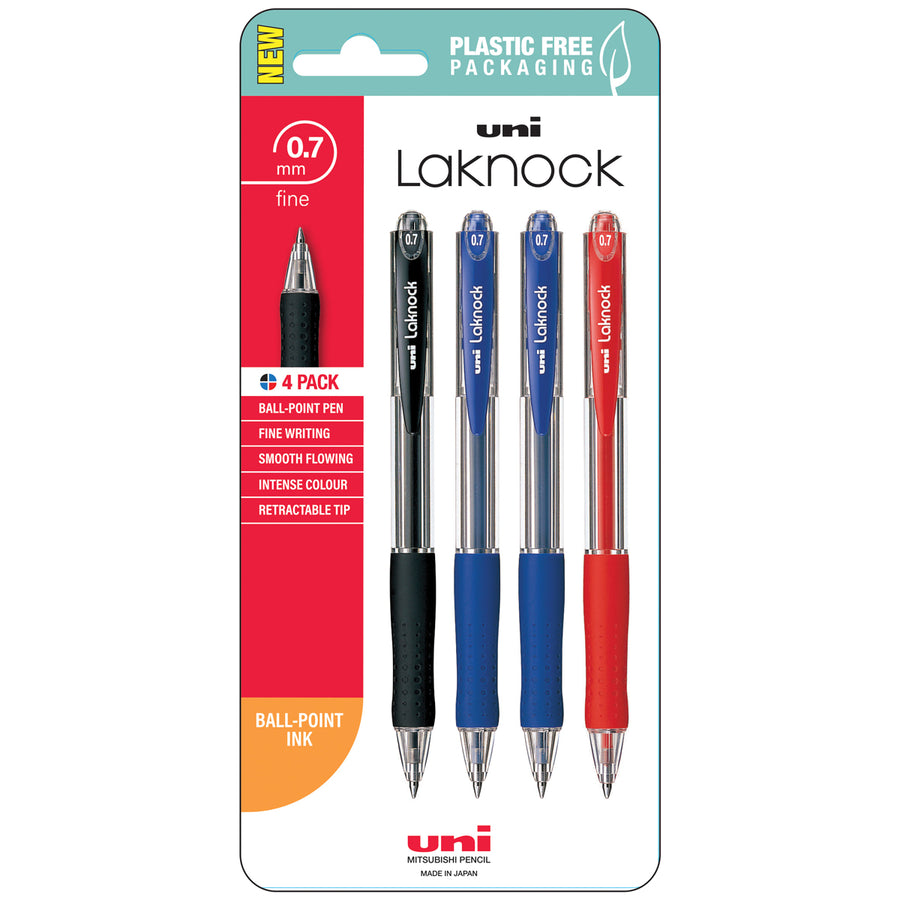 The packaging of the Home Office Space NZ Laknock 0.7mm Fine Pens (4 Pack) includes black, blue, and red retractable pens featuring an ergonomic grip for smooth writing and plastic-free packaging.
