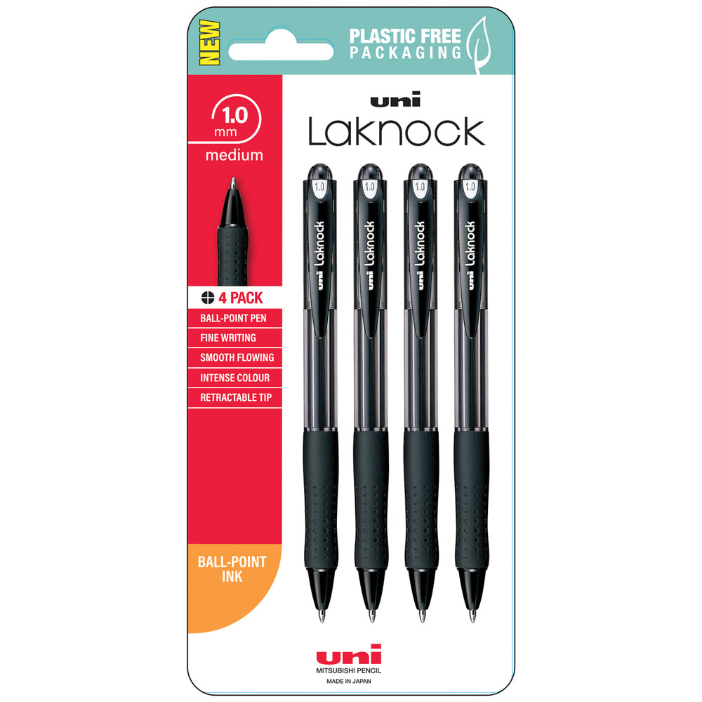 The Home Office Space NZ Laknock 1.0mm Fine Pens (4 Pack) in black come in eco-friendly, plastic-free packaging and feature smooth-flowing ink with an ergonomic soft rubberized grip for comfortable writing.