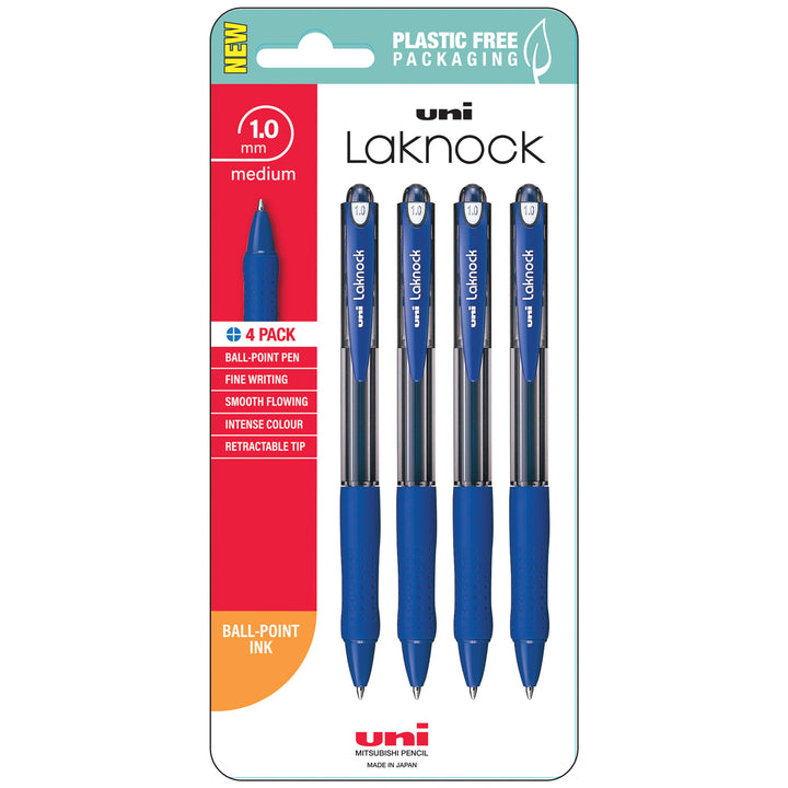 Packaging for Home Office Space NZ's 4-pack of blue Laknock 1.0mm fine pens highlights smooth flow, intense color, and an ergonomic grip. This eco-friendly design is plastic-free and made in Japan.
