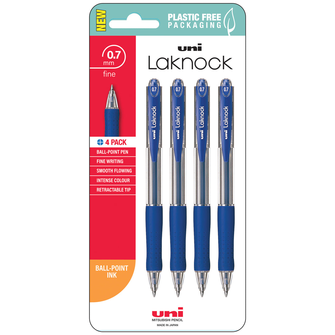 Packaging for Home Office Space NZ's Laknock 0.7mm Fine Pens (4 Pack) in intense blue offers retractable ballpoint design, smooth ink flow, ergonomic grip, and eco-friendly plastic-free packaging.
