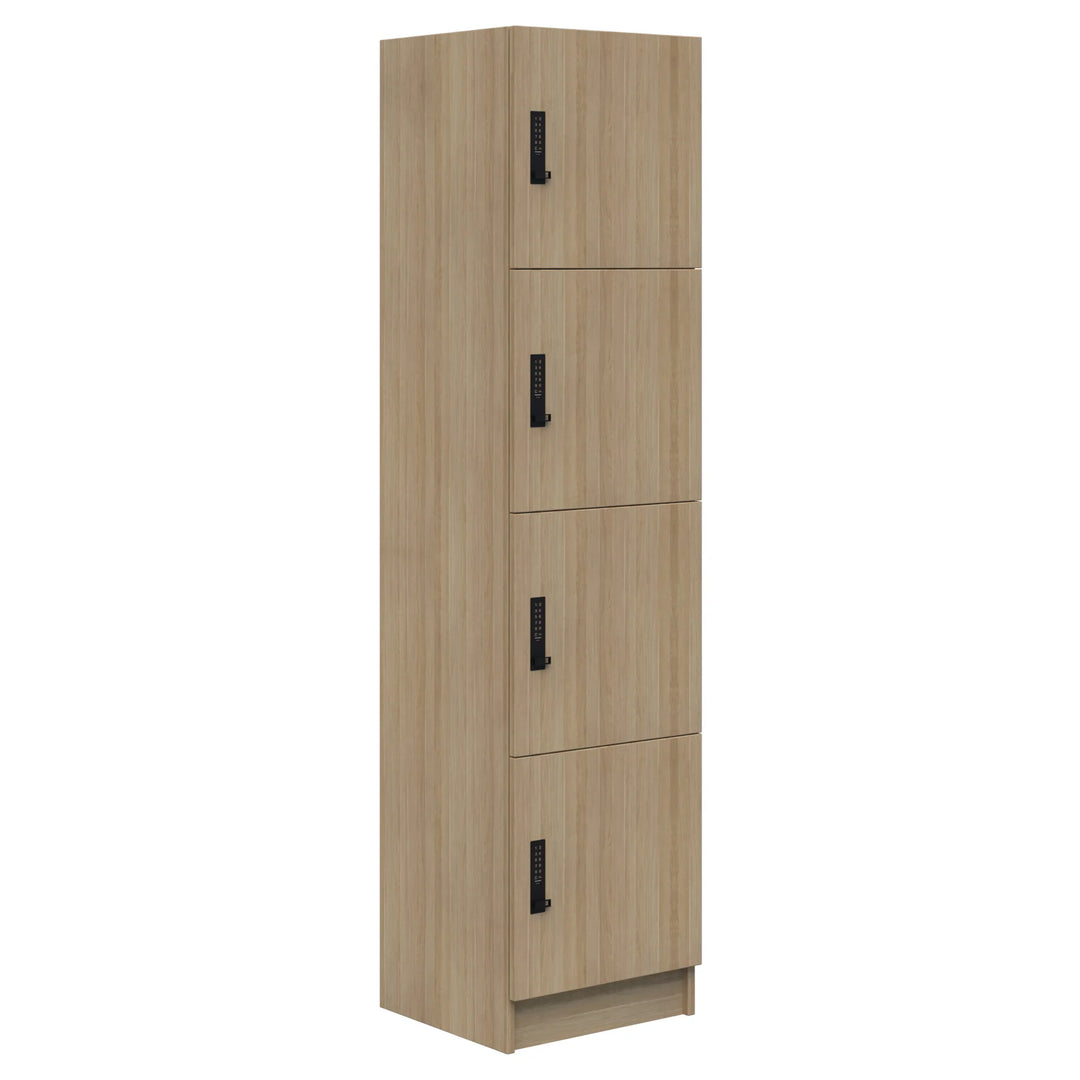 The Mascot Lockers by Home Office Space NZ feature a tall, rectangular wooden design with four compartments, each with a black handle and combination lock. The light natural finish is ideal for secure, customizable storage solutions.