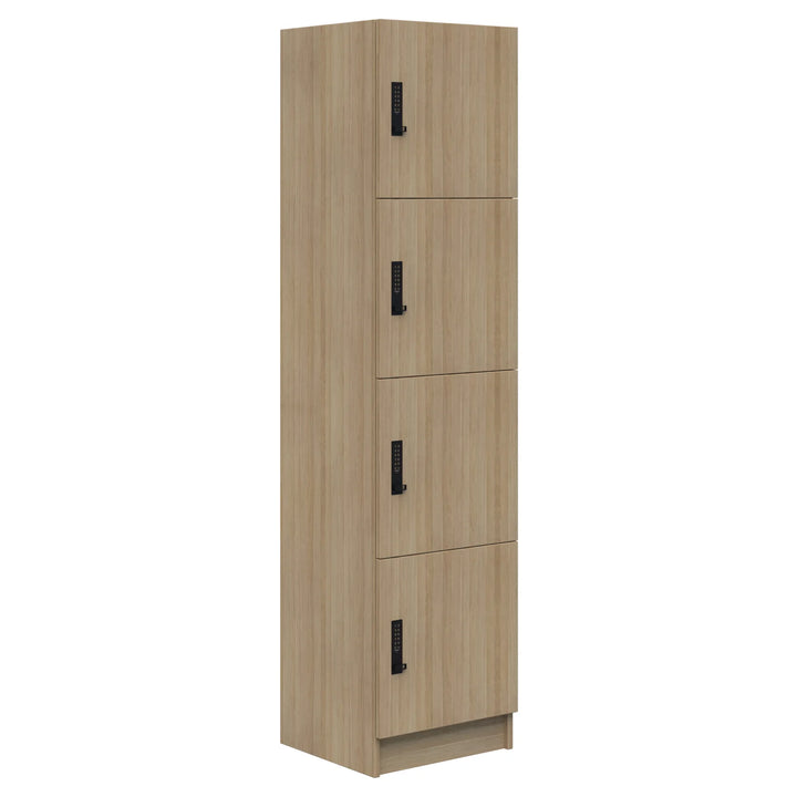The Mascot Lockers by Home Office Space NZ feature a tall, rectangular wooden design with four compartments, each with a black handle and combination lock. The light natural finish is ideal for secure, customizable storage solutions.