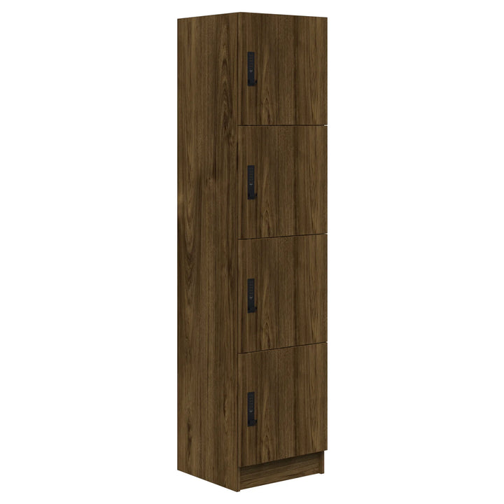 The Mascot Lockers by Home Office Space NZ are tall, narrow storage cabinets in a dark brown wood grain finish with four doors and black handles. Standing on a small base, they provide secure and stylish customizable storage solutions.