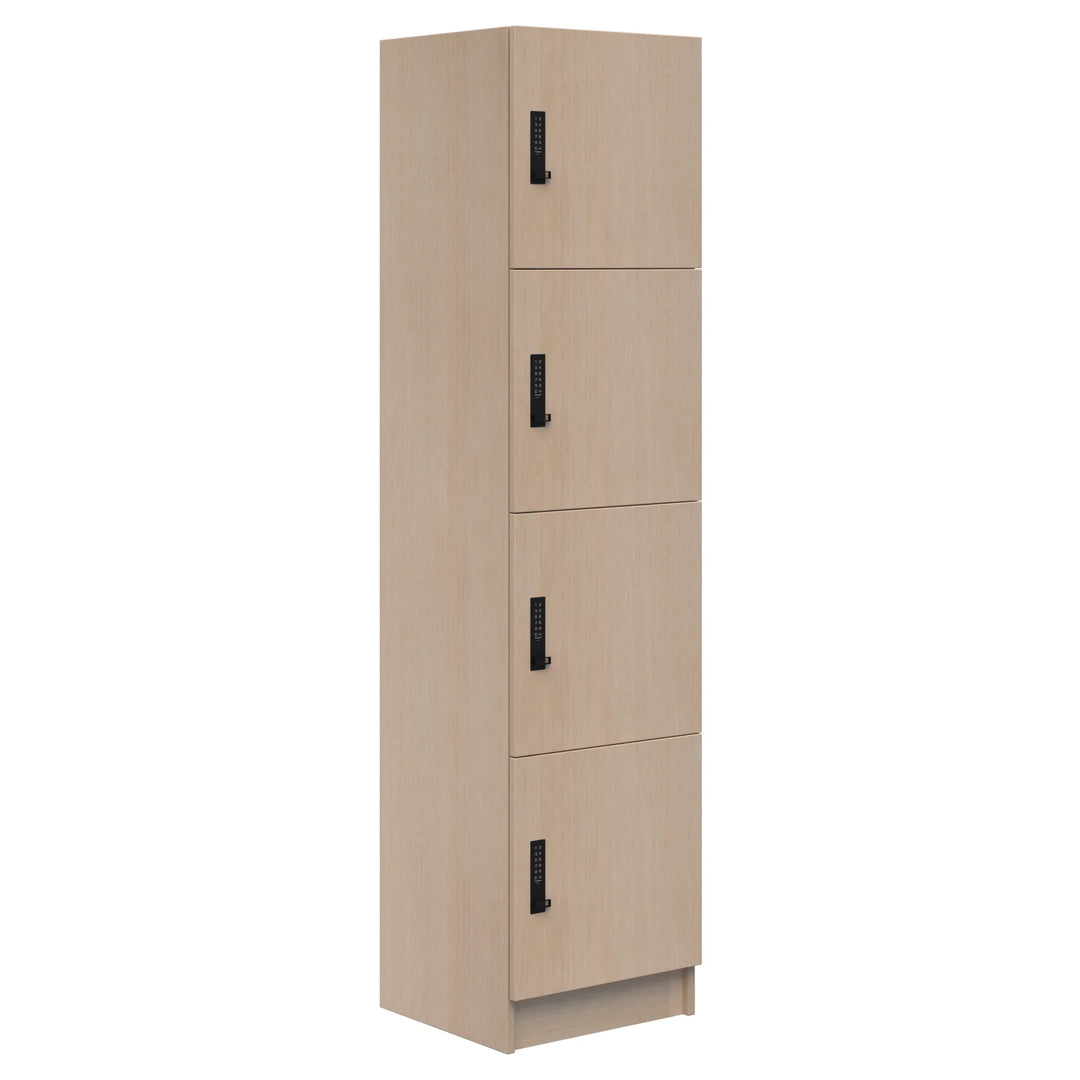 The Home Office Space NZ Mascot Lockers feature a tall, light wood cabinet with four doors, each secured by black latch handles and combination locks, providing customizable and secure storage for any space.