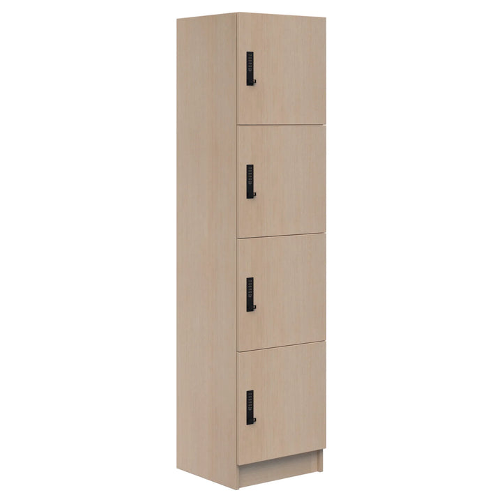 The Home Office Space NZ Mascot Lockers feature a tall, light wood cabinet with four doors, each secured by black latch handles and combination locks, providing customizable and secure storage for any space.