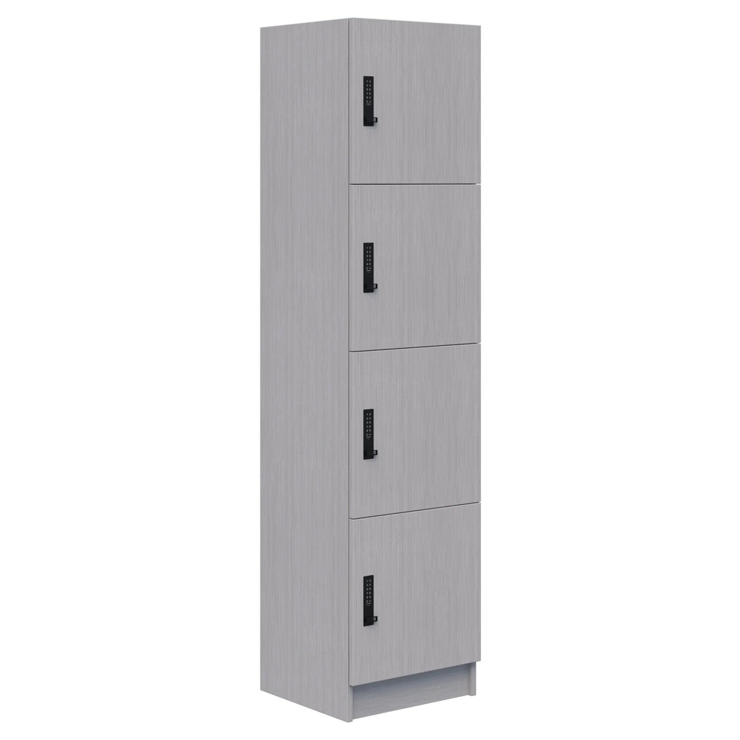 The Mascot Locker by Home Office Space NZ is a tall, light gray storage unit with four compartments, each with a black handle and combination lock. Its modern minimalist design offers secure storage on a flat base.