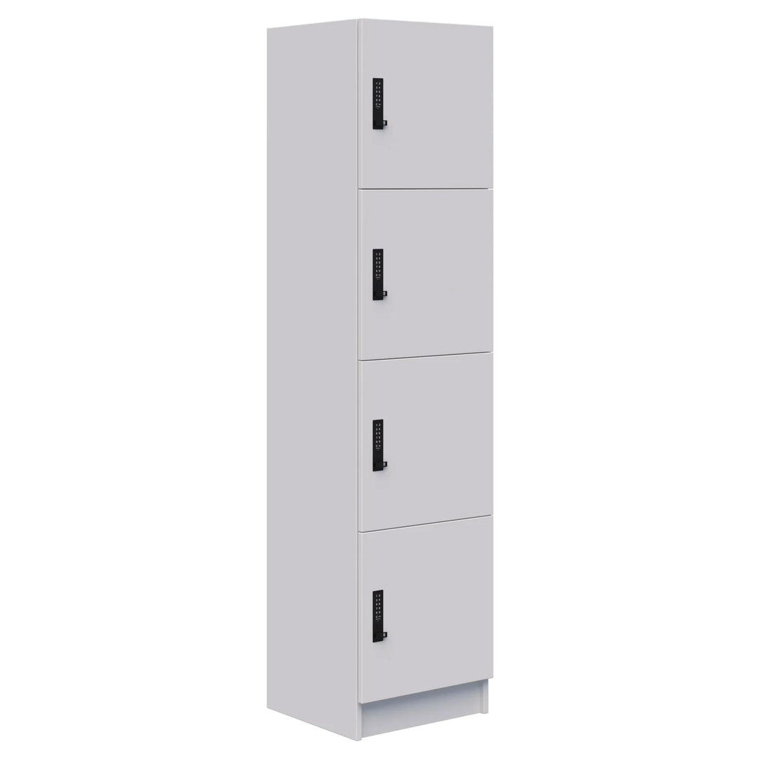 The Mascot Lockers by Home Office Space NZ is a tall white metal cabinet with four separate compartments, each secured by a black combination lock handle. It stands on a small base and is shown against a white background.