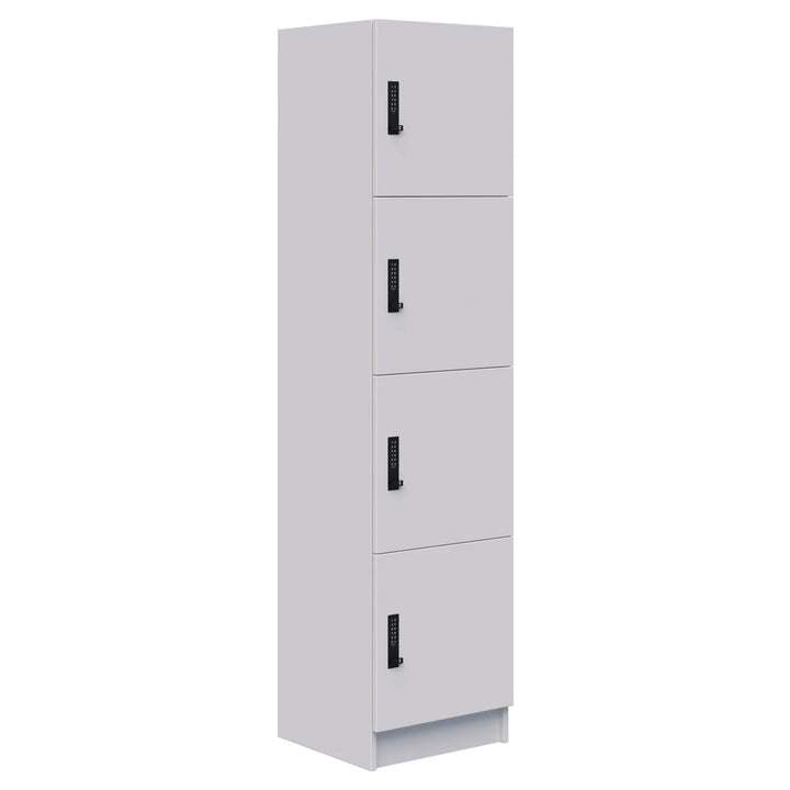 The Mascot Lockers by Home Office Space NZ is a tall white metal cabinet with four separate compartments, each secured by a black combination lock handle. It stands on a small base and is shown against a white background.