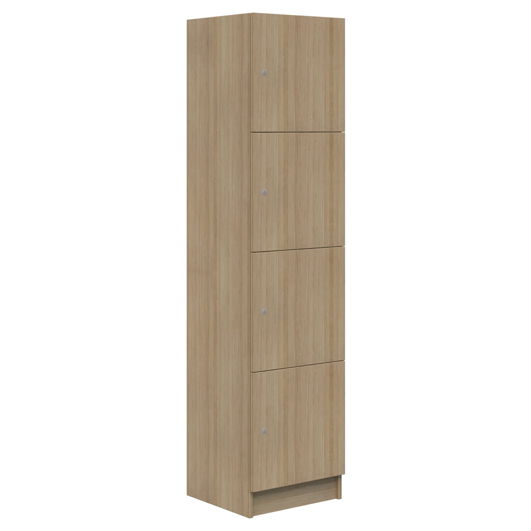 The Mascot Lockers by Home Office Space NZ are tall, rectangular wooden cabinets in a light finish, featuring four closed compartments with round metal handles for secure storage. Sleek and modern, they stand on a compact base.