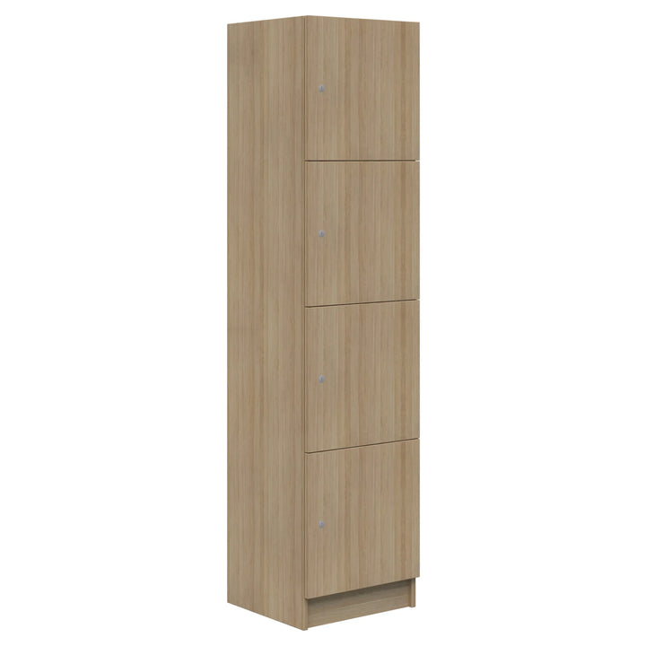 The Mascot Lockers by Home Office Space NZ are tall, rectangular wooden cabinets in a light finish, featuring four closed compartments with round metal handles for secure storage. Sleek and modern, they stand on a compact base.