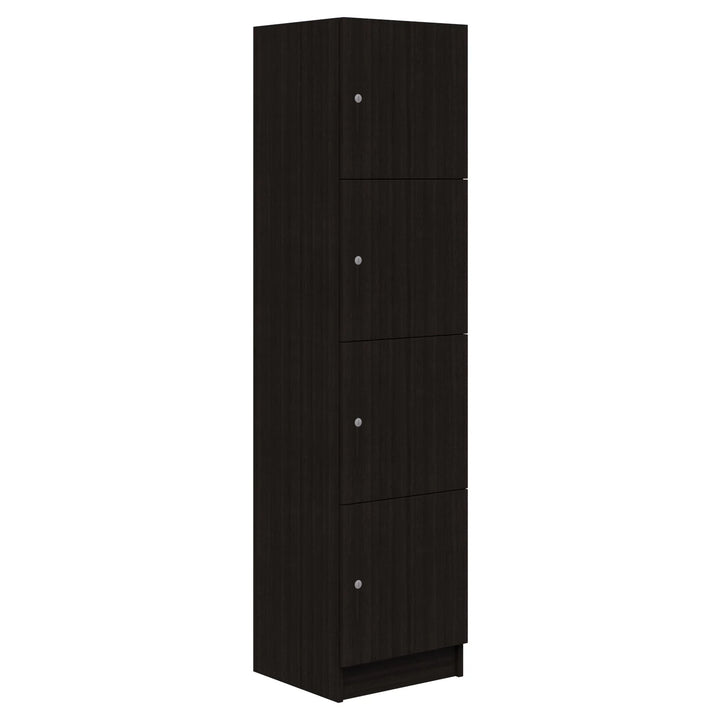 The Home Office Space NZ Mascot Lockers feature a tall, dark wood cabinet with four vertical compartments and round silver knobs, offering secure, modern storage with customizable solutions for any space.