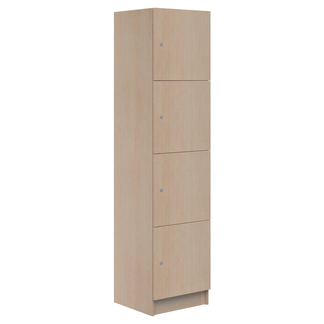 The Mascot Locker by Home Office Space NZ is a tall, rectangular cabinet with a light wood finish, featuring four vertically aligned doors, each secured with a small round handle on the right for safe storage.