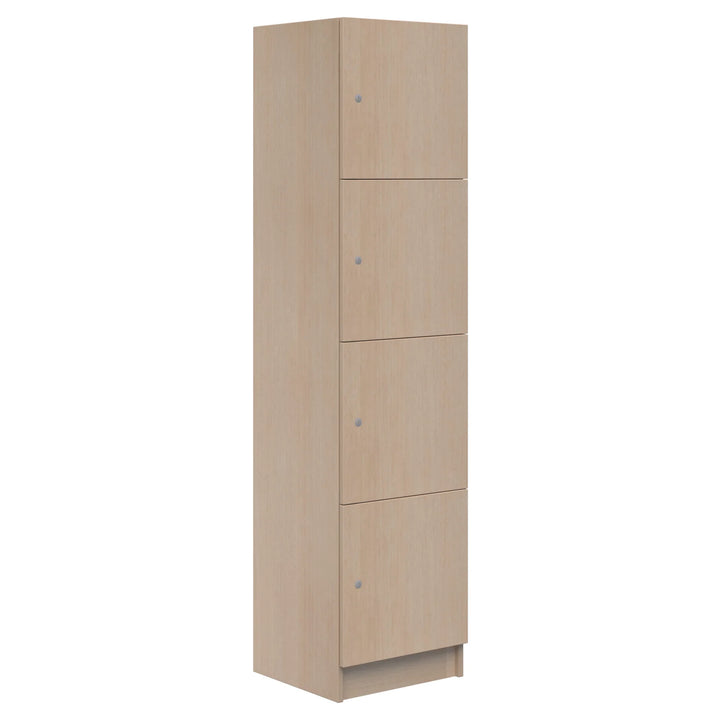 The Mascot Locker by Home Office Space NZ is a tall, rectangular cabinet with a light wood finish, featuring four vertically aligned doors, each secured with a small round handle on the right for safe storage.