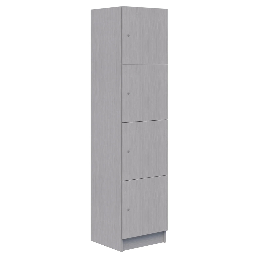 The Home Office Space NZ Mascot Lockers offer customizable storage with a tall, light gray wood grain finish, four vertical doors, and a small open bottom shelf—perfect for secure and stylish organization.