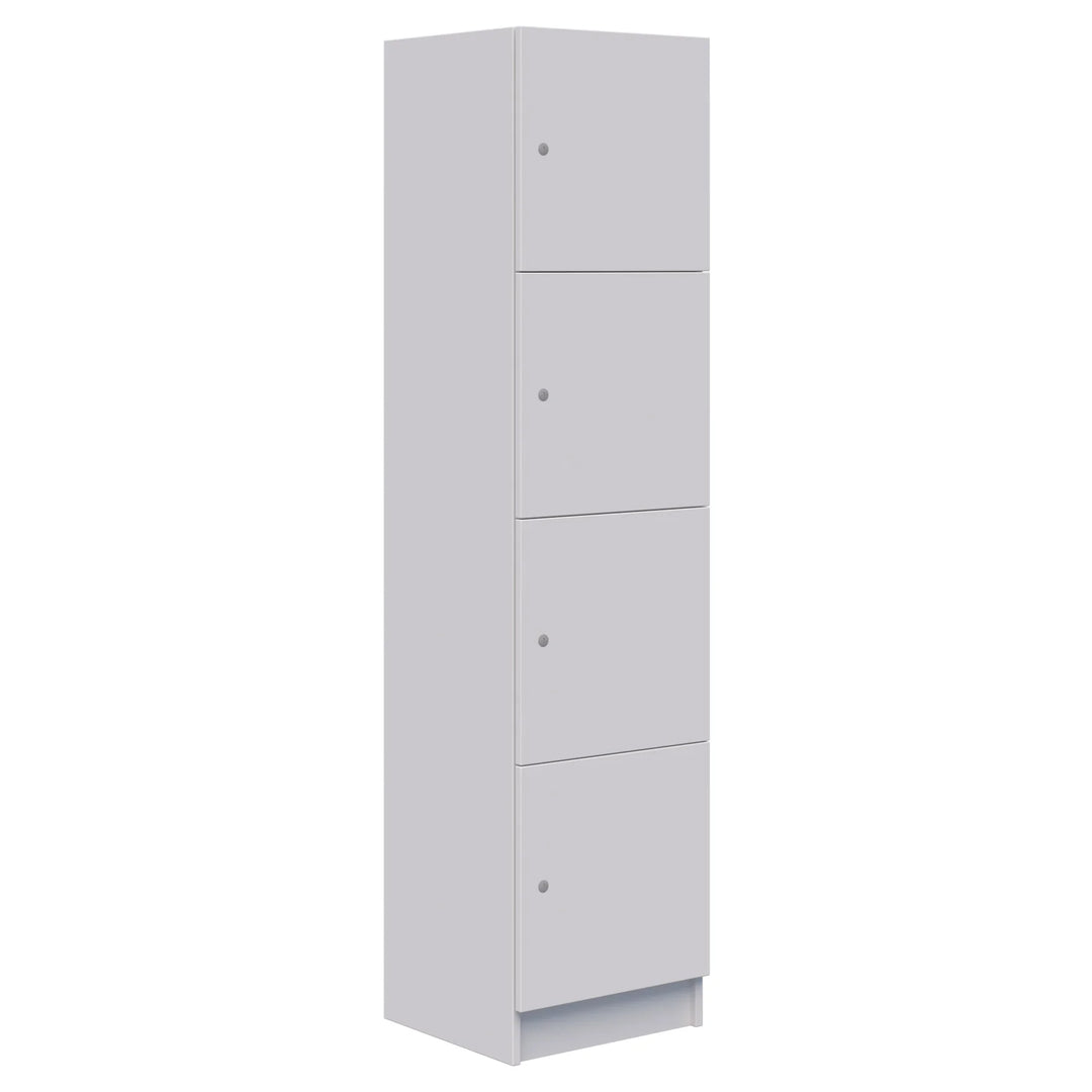 The Mascot Locker by Home Office Space NZ is a tall, rectangular, light gray metal unit with four secure compartments. Each compartment features a small round handle or lock hole on the right and the locker stands upright on the floor.