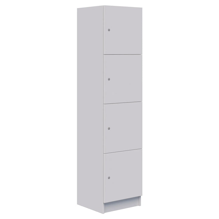 The Mascot Locker by Home Office Space NZ is a tall, rectangular, light gray metal unit with four secure compartments. Each compartment features a small round handle or lock hole on the right and the locker stands upright on the floor.