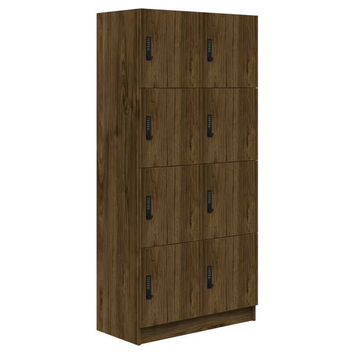 The Mascot Lockers by Home Office Space NZ are tall, brown wooden units with nine compartments in a 3x3 grid, each with a black handle and keypad lock—ideal for stylish, secure, and customizable storage in any space.