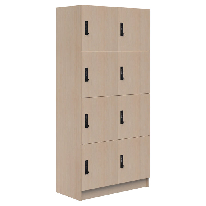The Mascot Lockers by Home Office Space NZ feature eight light wood compartments, each with a black handle and combination lock, offering customizable, secure storage in a modern upright design.