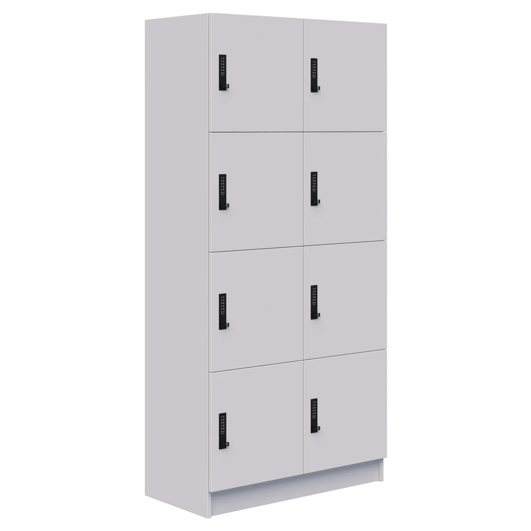 The Mascot Lockers by Home Office Space NZ feature a tall white unit with eight compartments (2 columns x 4 rows), each secured by a black electronic keypad lock for safe storage.