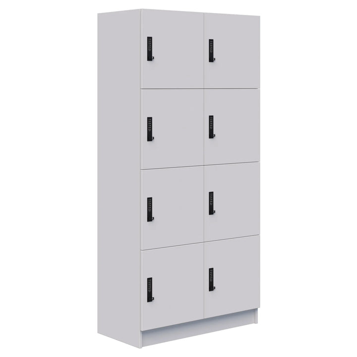 The Mascot Lockers by Home Office Space NZ feature a tall white unit with eight compartments (2 columns x 4 rows), each secured by a black electronic keypad lock for safe storage.