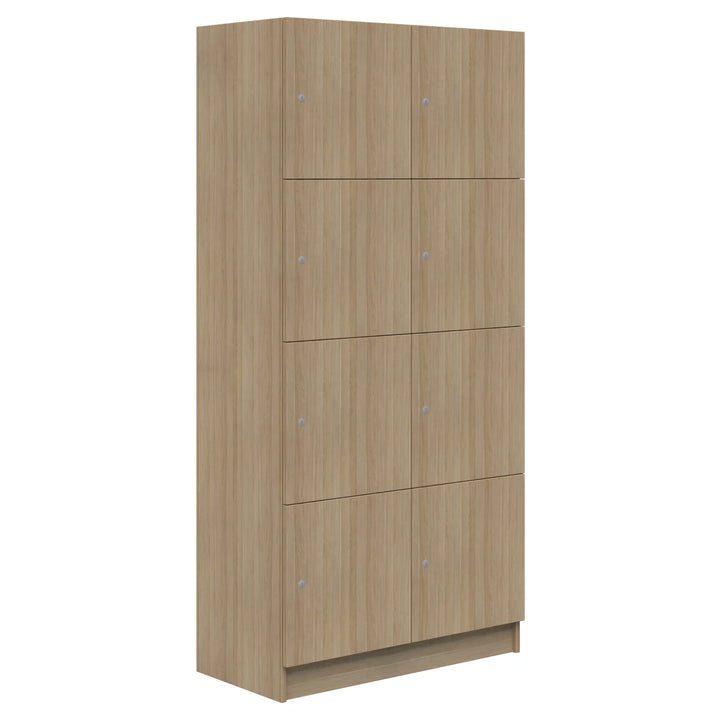 The Mascot Lockers by Home Office Space NZ feature a light wood finish and a 3x3 grid of secure doors with round knobs—perfect for customizable, modern storage in any space.
