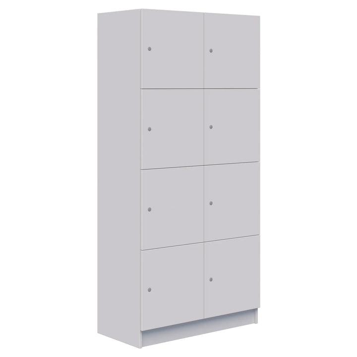 The Mascot Lockers by Home Office Space NZ is a tall, white unit featuring nine square compartments with circular locks or handles. Its modern, simple design provides secure storage for home, office, or school settings.